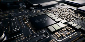 A close-up view of Apple’s A19 SoC